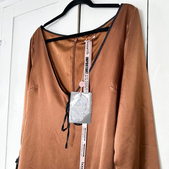 House of CB | NWT Sakina Satin Long Sleeve Mini Dress in Copper Coffee - Picture 7 of 10